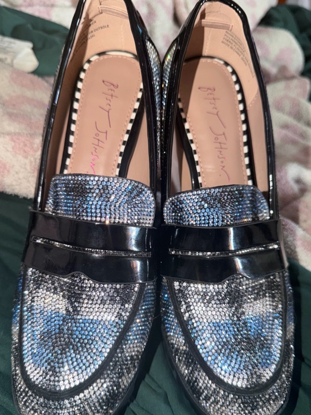 Betsey Johnson Black and Silver Crystal Penny Loafers